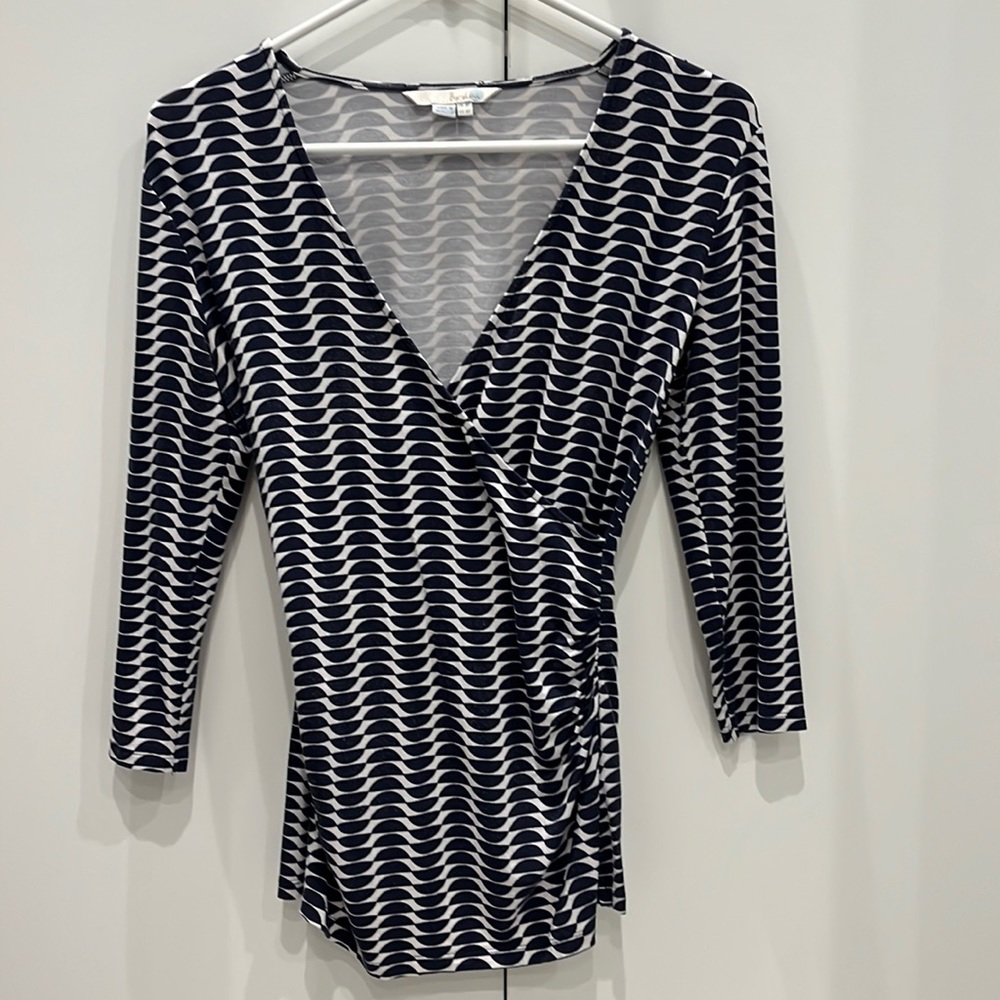 BODEN 4p wrap blouse with 3/4 sleeve, ruching around waist